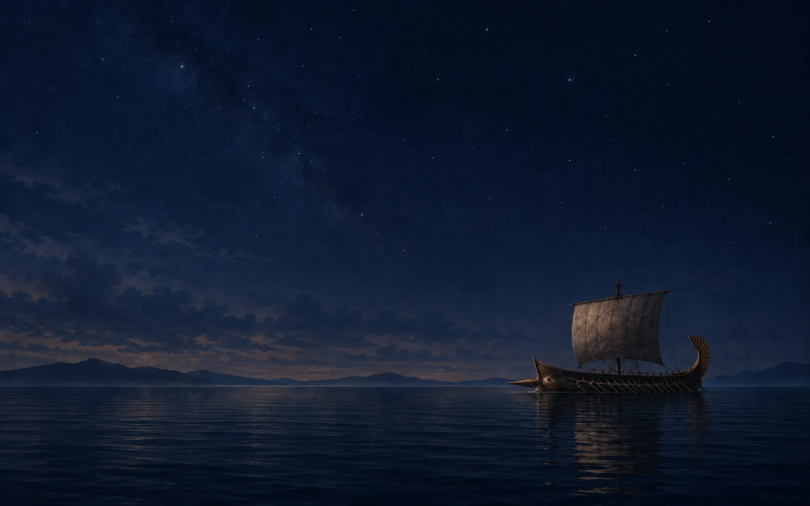 La nave Argo, una galea greca con una vela quadrata, un rostro di bronzo e un occhio dipinto, sola su un mare calmo sotto un cielo notturno pieno di stelle.